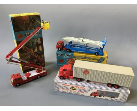 A Dinky Supertoys 948 tractor-trailer McLean, with a Corgi 1105 'Carrimore' car transporter and 1127 Simon Snorkel fire engin
