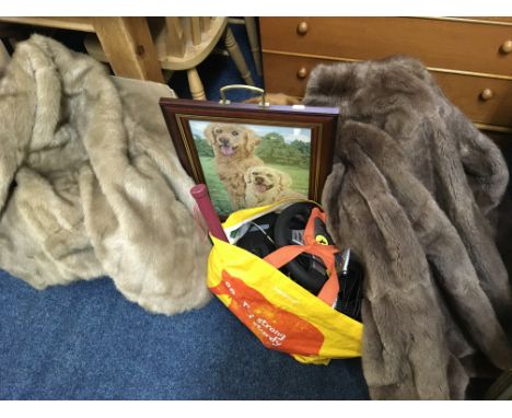 A selection of various items including embroidered firescreen, trays, electronic games, with two fur jackets, body warmer and