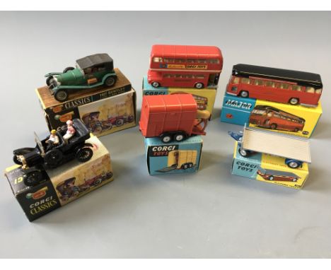 A Corgi 468 London transport routemaster bus, 1120 midland red motorway express coach, 101 platform trailer, 102 rice's pony 