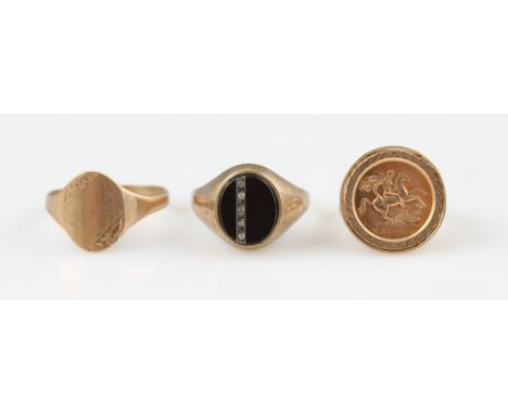 Three hallmarked 9ct yellow gold gents signet rings, to include an onyx and diamond example, an oval engraved head example an