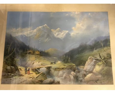 Framed, unsigned, large scale lithographic print of an alpine landscape with figures in the foreground, 45cm x 65cm.