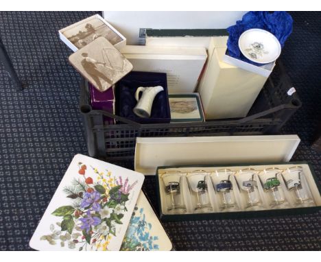 A selection of items to include a small white Royal Worcester jug, Wedgwood dish, glasses, place mats, coasters, etc.