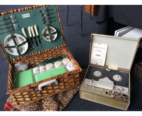 An Alba tape recorder with blanket and Sirram picnic basket.