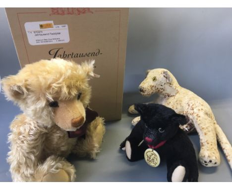 A Steiff Jahrtausend-Teddybar blond 43, in box with Margaret Steiff Museum bear and Pixie leopard.