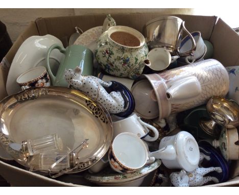 A collection of plated ware, a Royal Doulton jug, a pair of dogs, china, glassware etc.