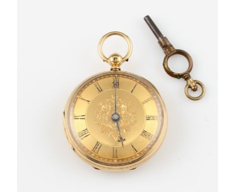 A Victorian ladies 18ct yellow gold key wind open face fob watch, the gold tone dial having hourly Roman numeral markers with