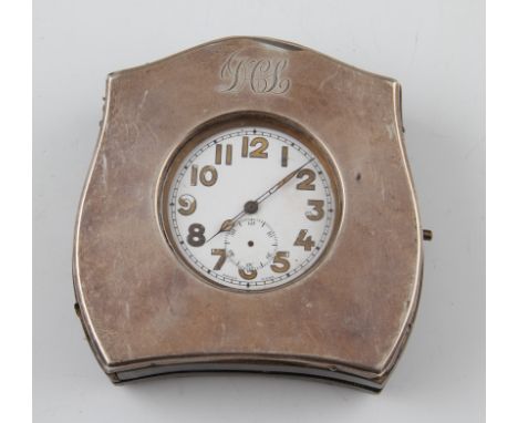 A white metal open face crown wind Goliath pocket watch, the white enamel dial having hourly Arabic numerals with minute trac