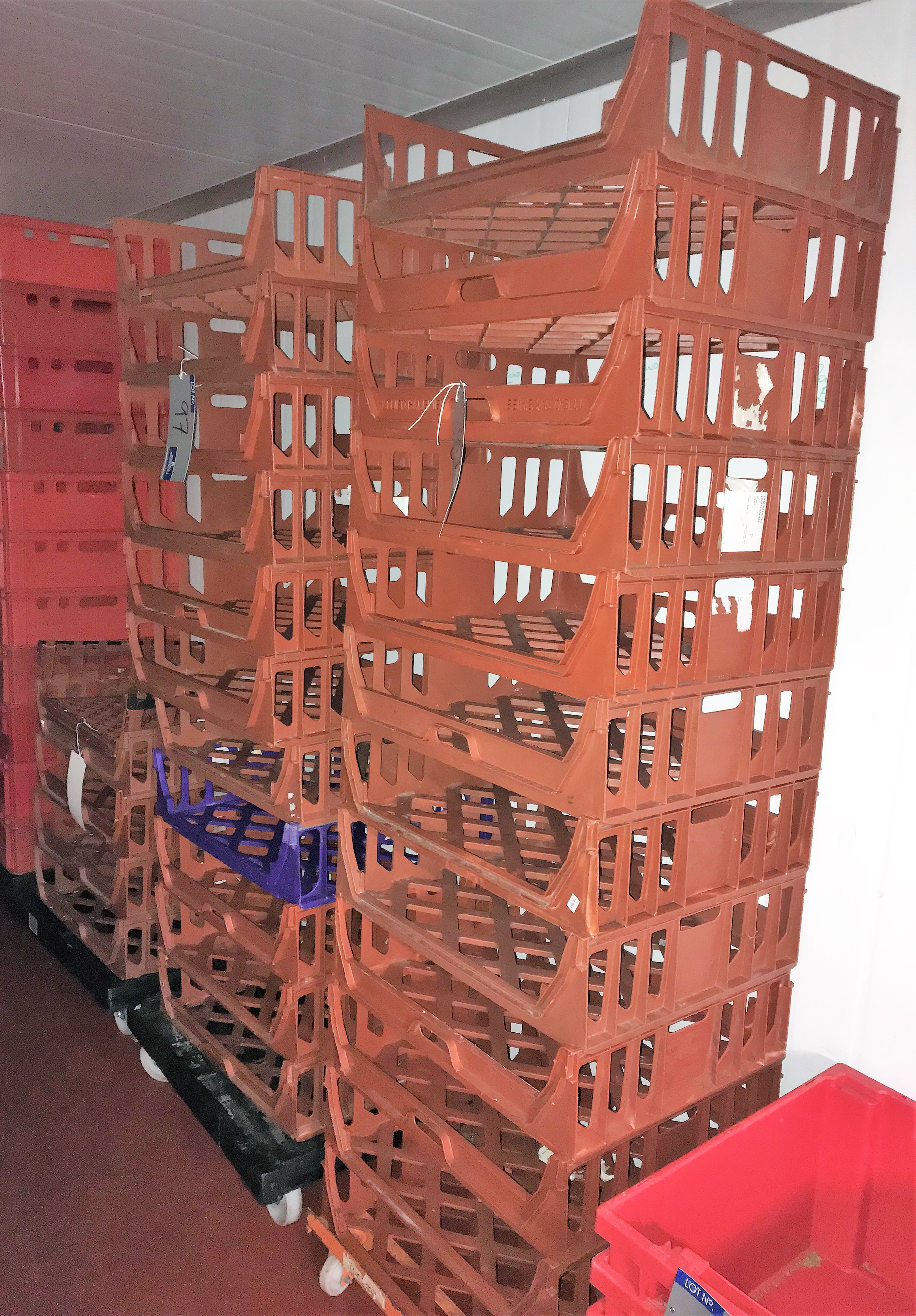 Approx. 25 Plastic Bread Trays, 26in x 20in x 6in dp with 3 Bogeys