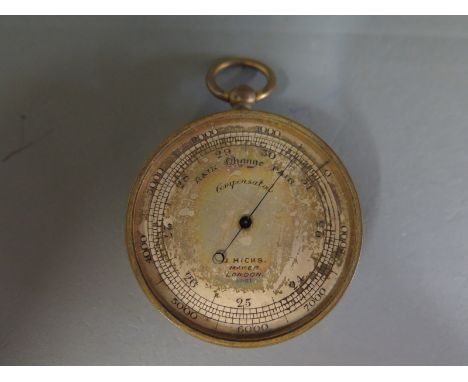 A brass pocket compensator barometer by J Hicks London - glass front missing and tarnished dial