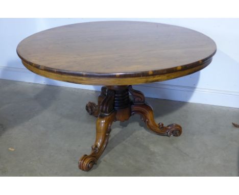 A 19th century style rosewood circular breakfast table with shaped top, turned baluster supports on carved C-scroll decorated