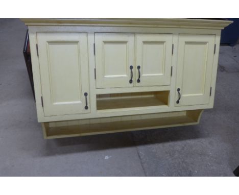 A vintage painted pine kitchen dresser with shelf and four cupboards underneath - 81cm x 123cm x 36cm