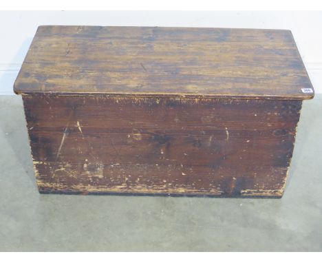A late 19th century pine rectangular trunk with lift up lid and metal side handles - 44cm x 90cm x 44cm