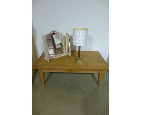 A modern coffee table - Height 51cm x 141cm x 79cm and a toilet mirror and a table lamp