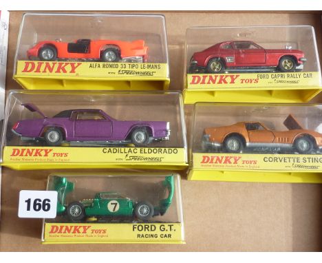DINKY PLASTIC BOXED MODEL CARS : 213 CAPRI, 221 CORVETTE, 175 CADILLAC, 215 FORD, 210 ALFA