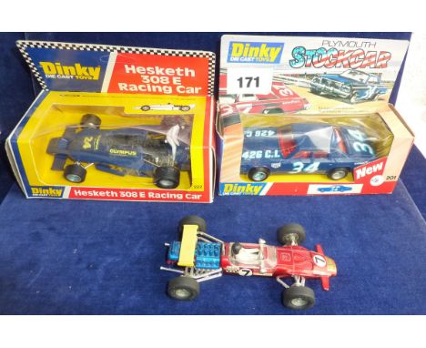 DINKY TOYS 3 BOXED CARS : 222 HESKETH, 308E RACING CAR, 201 PLYMOUTH STOCK CAR & U/B LOTUS F1