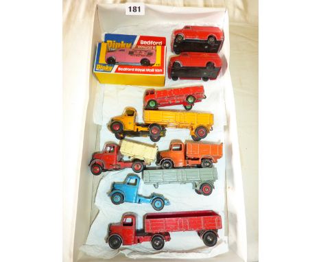 DINKY TOYS 3 BEDFORDS WITH TRAILERS - RED , BLUE, YELLOW, TWO TIPPER LORRIES, FORWARD CONTROL LORRY, 410 ROYAL MAIL VAN BOXED