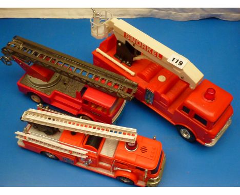 HARD PLASTIC SNORKEL FIRE ENGINE, GAMA PUSH ALONG FRICTION, MERCEDES 4 WHEEL FIRE ENGINE & PLASTIC FIRE DEPARTMENT TOWER WAGO