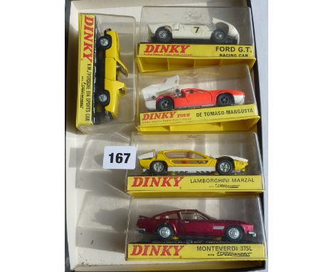DINKY PLASTIC BOXED 5 MODELS - 189 LAMBORGHINI, 190 MONTEVERDI 375, 187 DE TOMASO, 215 FORD, 208 VW PORSCHE