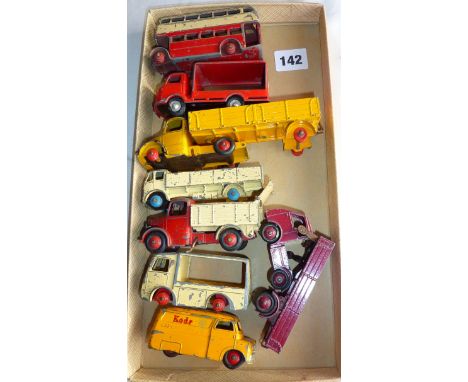 DINKY TOYS 7 PLAY WORN LORRIES & BUSES PLUS METTOY KARIER