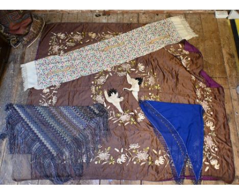 A vintage pale turquoise silk cape with embroidered flowers and swan down trim to/e an Indian fine knitted woollen shawl, bro