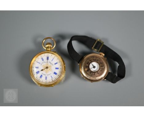 Graves, Sheffield, a ladies Swiss keyless 18K fob watch, the white dial with blue roman numerals and gilt hands, engine turne