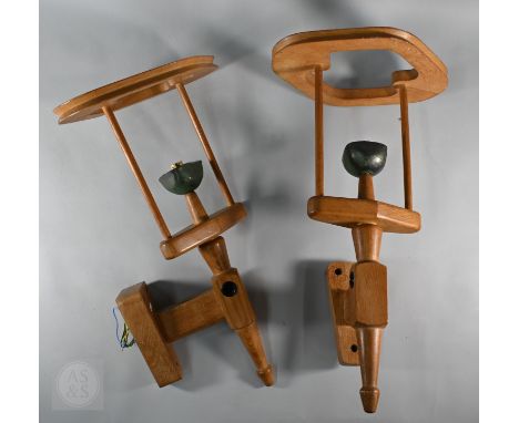 A pair of light oak French wall lights by Guillerme et Chambron for Votre Maison, circa 1960s, with glazed pottery bowls, app