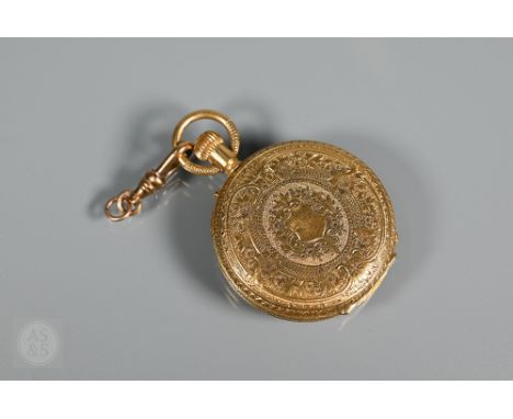John Bennett, London, an 18k gold ladies full hunter fob watch, the outer case chased with floral bands, the white enamel dia