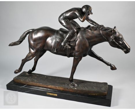 A large brown-patinated bronze racehorse and jockey, 45 x 67 cm, inscribed 'Nico' on the marble base