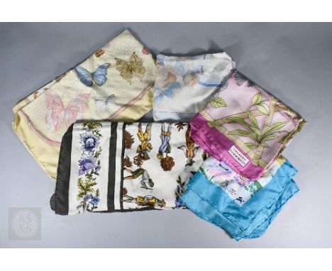 Hermes - Three silk scarves with rolled edges (unboxed), to/w a Liberty silk scarf and a Charles Tyrwhitt silk scarf (5) Butt