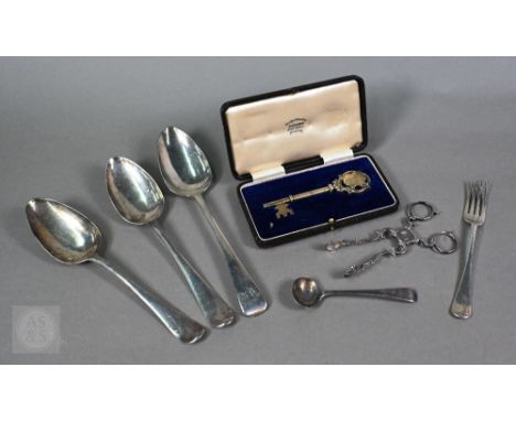 Three George III silver tablespoons, to/w a pair of sugar-nips, a cased ceremonial key, a salt ladle and a dessert fork (7), 