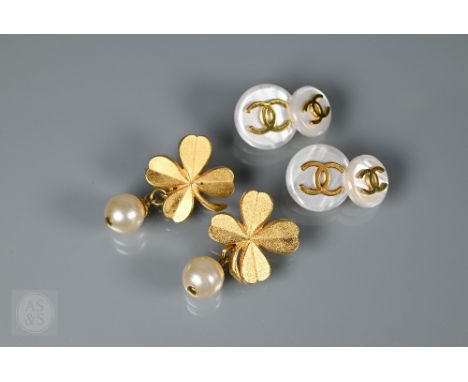 Chanel - two pairs of cufflinks - one pair four leaf clover with chainlinked pearl, stamped Chanel 93A Made in France to reve