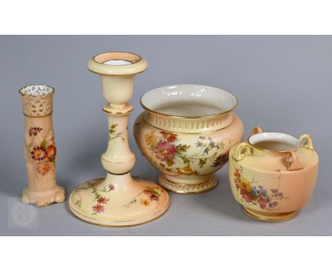 A late Victorian Royal Worcester cache-pot painted with floral sprays on a blush ivory ground 1894, to/w a similar posy vase 