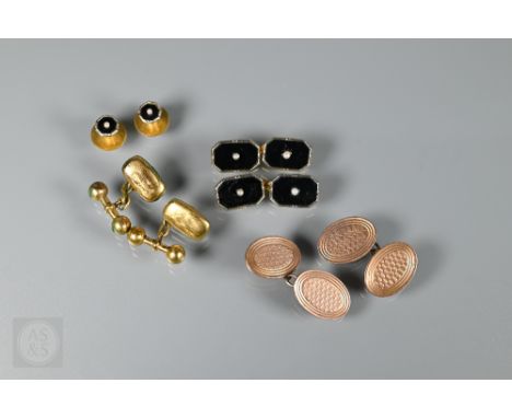 A pair of oval 9ct rose gold cufflinks with engine-turned decoration, 9.3g to/w pair of onyx and pearl set cufflinks stamped 