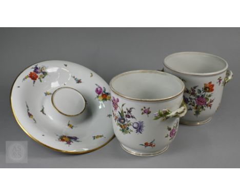A Dresden porcelain basin painted with flowers and insects, 32 cm, to/w a pair of ice-pails with similar decoration (3)