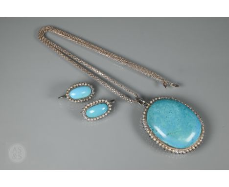 A substantial turquoise, diamond and pearl pendant and earring set, the oval cabochon turquoise pendant with claw set seed pe