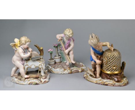 A 19th century Meissen group, symbolic of 'Air', depicting a windswept putto, a pair of bellows at his feet, placing a captur