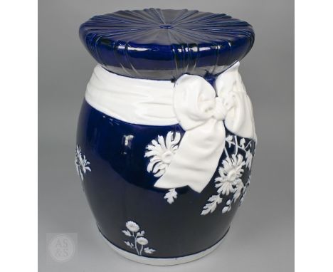 A Victorian Minton conservatory seat decorated with white flowers and ribbon bow on a blue ground, date mark for 1882, 45cm h