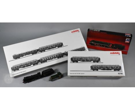 A boxed Marklin HO CIWL Express Train Passenger Car Set 42795 and a CIWL Add-on Car Set 42796 - unused, to/w a Jouef 232.U.1 