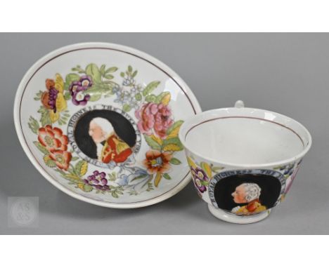 A Georgian creamware Royal commemorative jug, transfer-printed with 'His Royal Highness Frederick Duke of York' beneath an eq