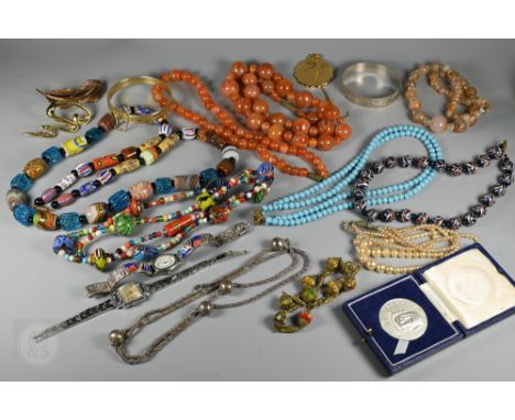 Mixed jewellery including cornelian bead necklaces, Italian mosiac glass bead necklaces, fashion watches, silver bangle, broo