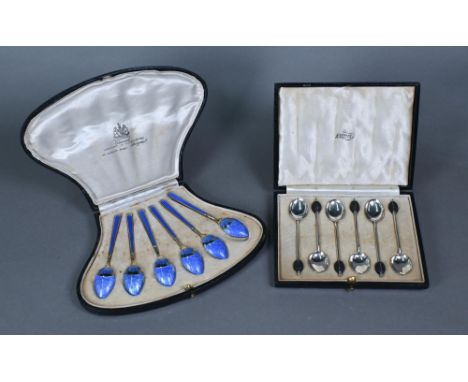 A cased set of six Art Deco silver gilt and enamel coffee spoons, Levi & Salaman (retailed by Edward, Buchanan Street, Glasgo