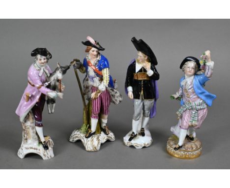 A Meissen figure of a young man dancing with a garland of flowers, 18 cm high, to/w a Volkstedt (possibly) figure of a man ho