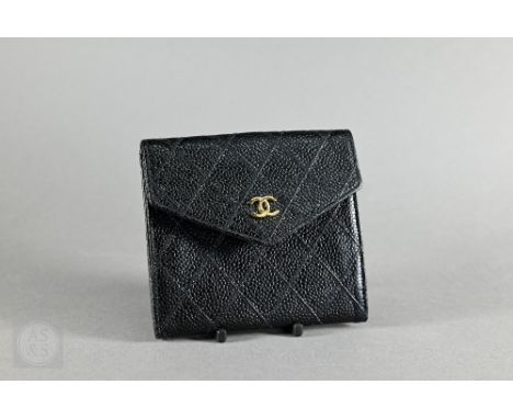 Chanel - A black leather purse/wallet with a snap button side for coins and a snap button opening wallet for six cards, gold 