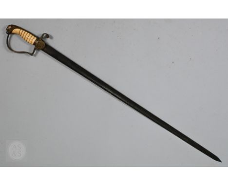 A 19th century Russian Imperial 1796 pattern Hussar sabre with 9 cm curved blade, stirrup guard and leather-bound corded grip
