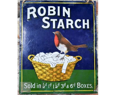 A rare antique enamel advertising sign for Robin Starch, the image of a bird on a laundry basket with price band below, 30.5 