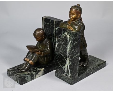 Hester Mabel White (act. 1898-1948) - a pair of brown-patinated bronze figures of Chinese children, one peering over a wall, 