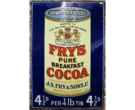 A large single sided Fry's Cocoa enamel advertising sign, circa 1900, rolled iron, 92 cm x 61cm, to/w a framed printed advert