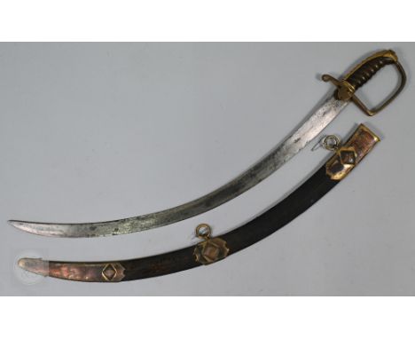 A British Army 1803 pattern sabre with 65 cm curved blade, gilt brass stirrup guard with wired wooden grip, with leather and 