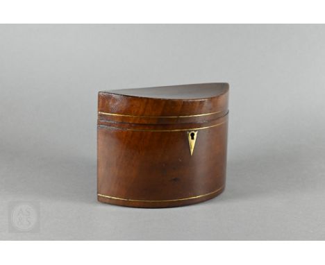 A Sheraton period mahogany tea caddy of elliptical form, inlaid with brass stringing and initials 'GB', 16 cm wide