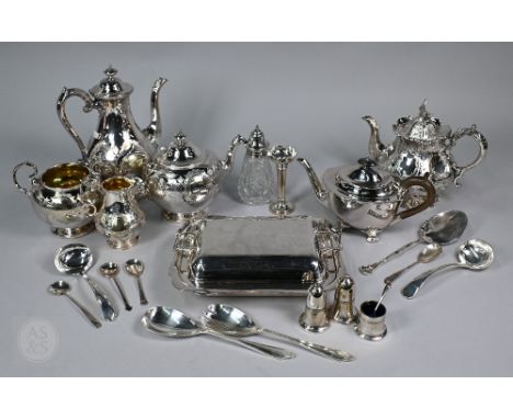 A Victorian electroplated four-piece tea/coffee service with engraved decoration, to/w a tea pot with hawk finial, on stemmed